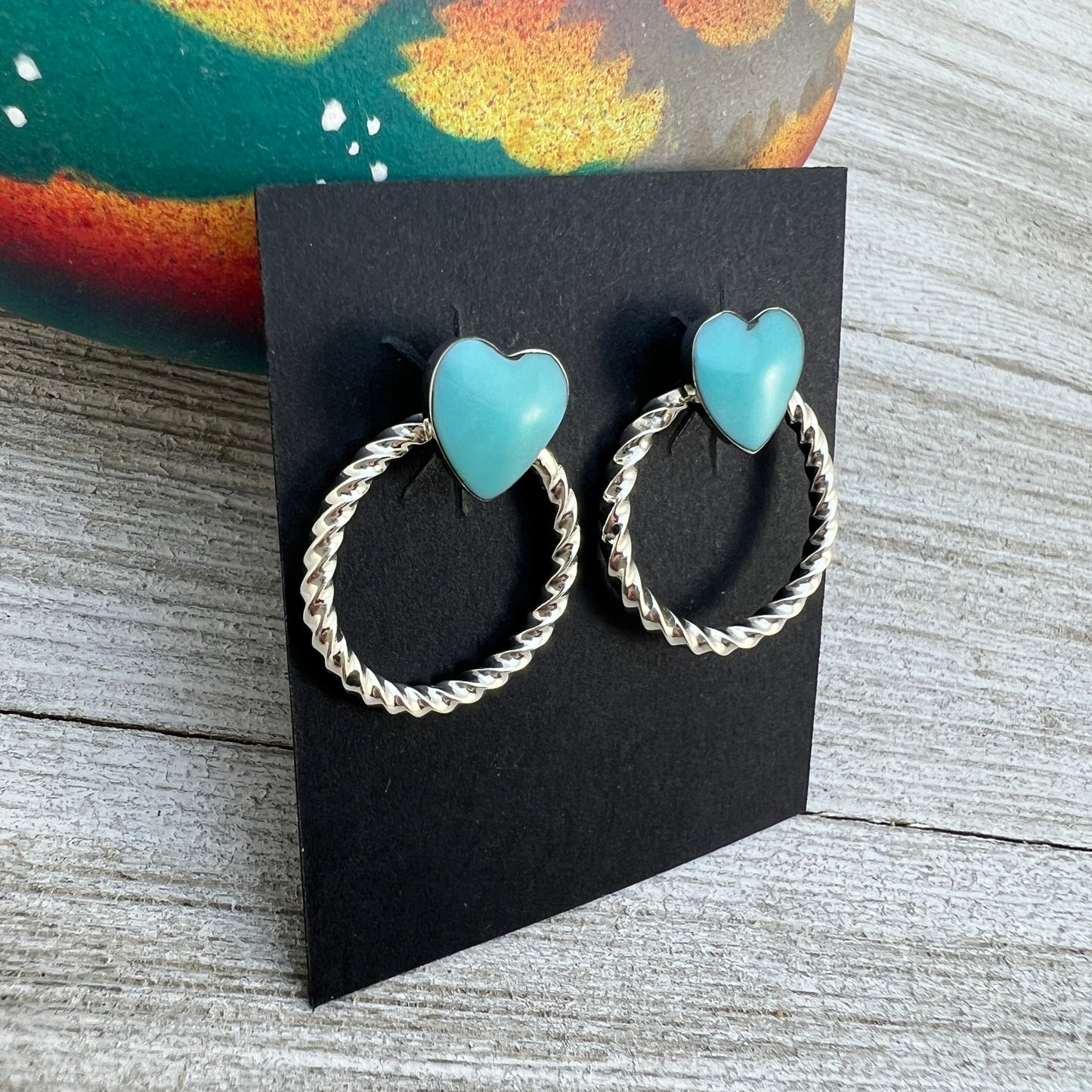 Turquoise Heart Hoop Earrings, Sterling Silver Navajo Sonyei Coho