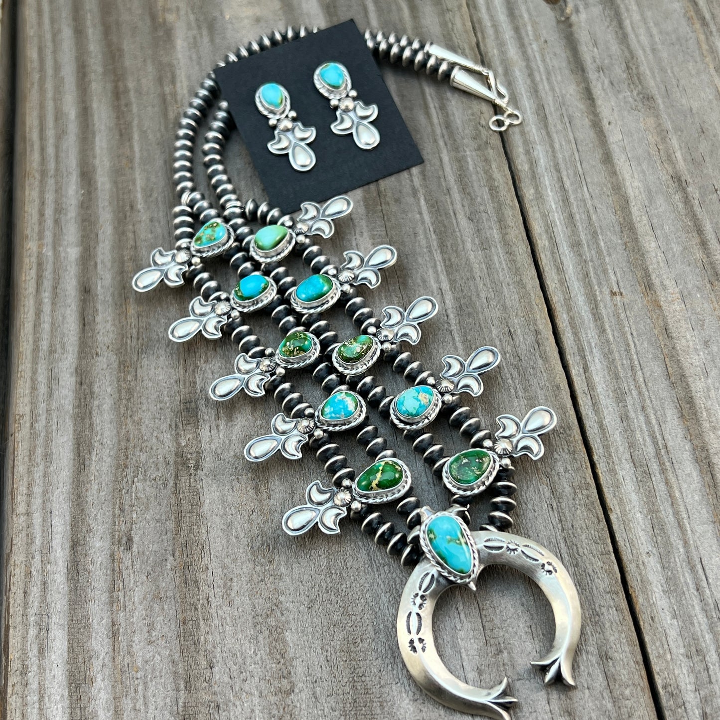 Sonoran Green Turquoise Small Squash Blossom Necklace Adrienne Gordon Navajo 515