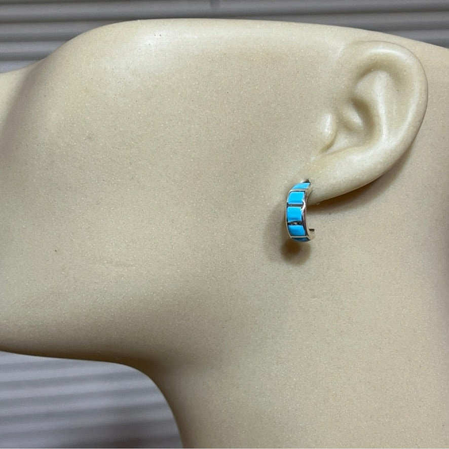 Small 1/2" Turquoise inlay Hoop Earrings, Zuni handmade by Glennetta Luna, sterling silver