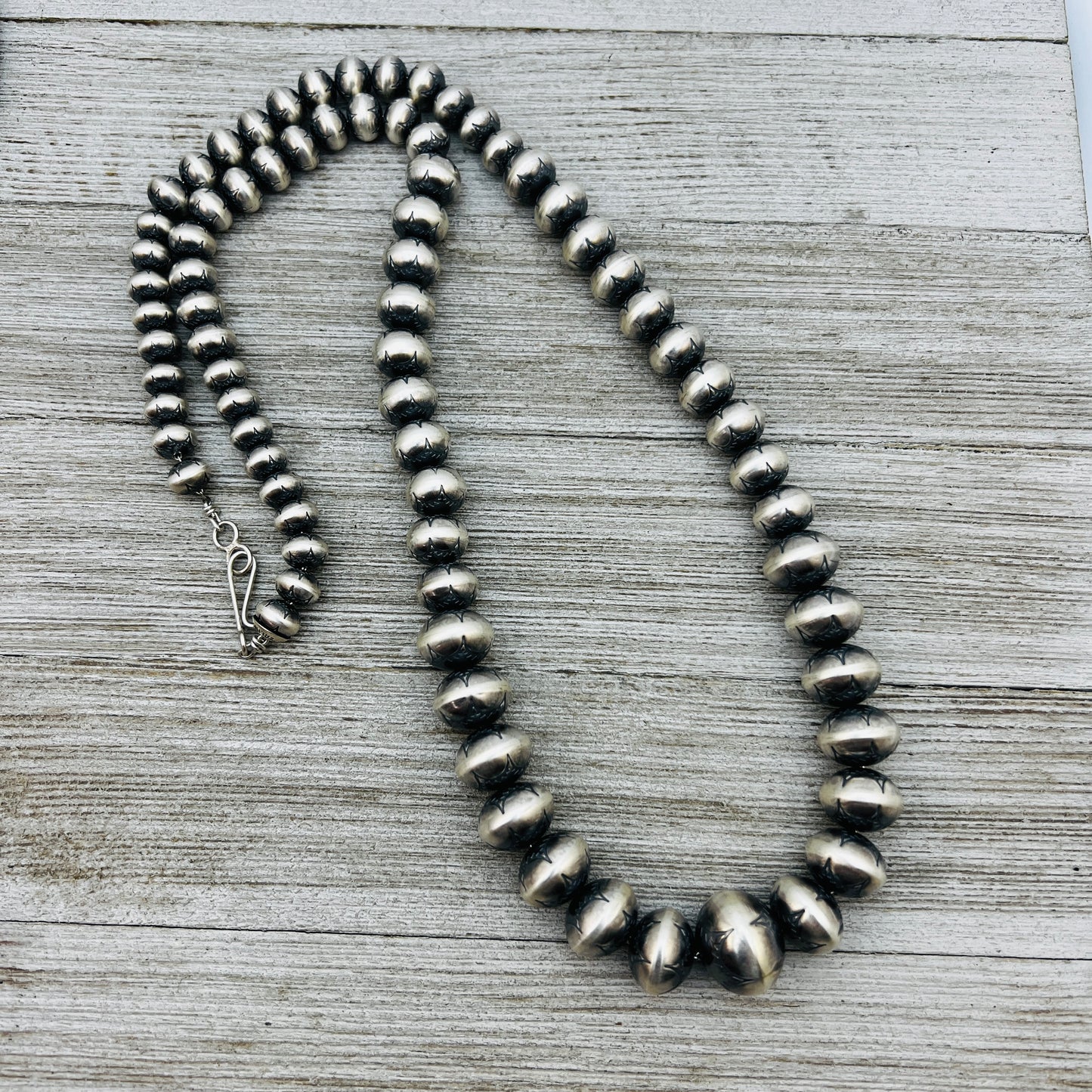 28" Sterling silver Handmade Navajo Pearl Graduated stamped bead necklace Bryannen Halwood signed