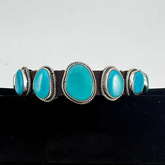 Campitos Turquoise leather Sterling silver bracelet #2, adjustable Navajo signed