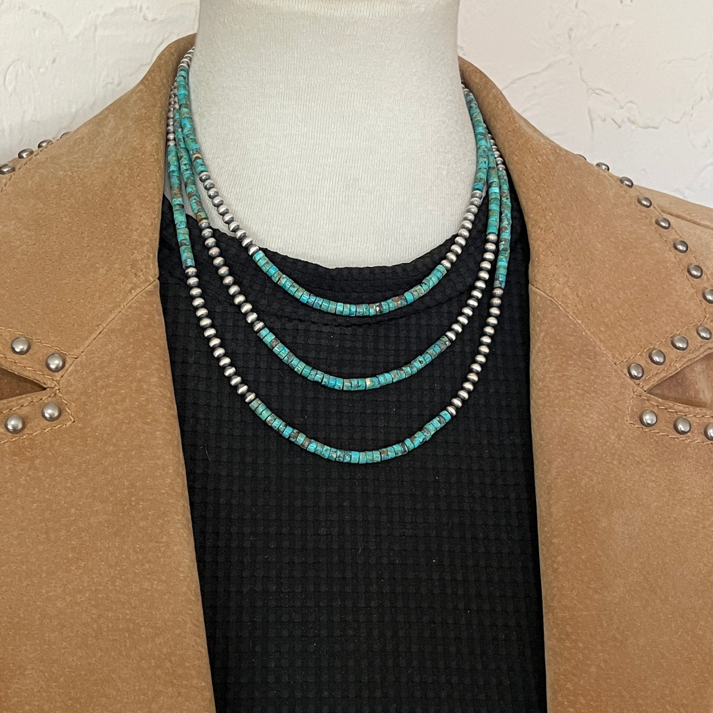 Real 925 sterling silver, 4mm Genuine Turquoise Heishi Necklace Oxidized Rustic Western Pearl Jewelry