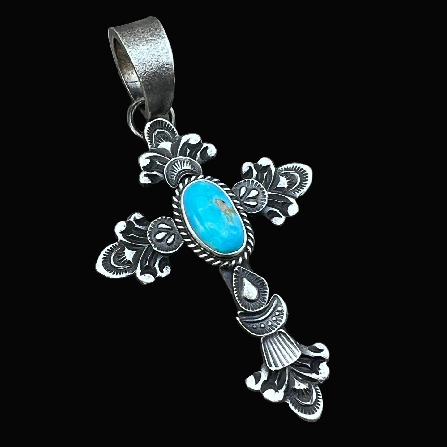 Kingman turquoise ornate cross pendant sterling silver Kevin Billah Navajo 806
