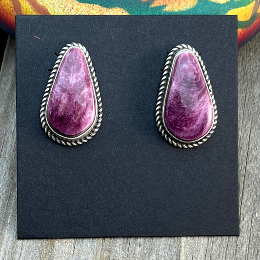 Purple Spiney Shell Teardrop stud earrings sterling silver Louise Kee Navajo 726