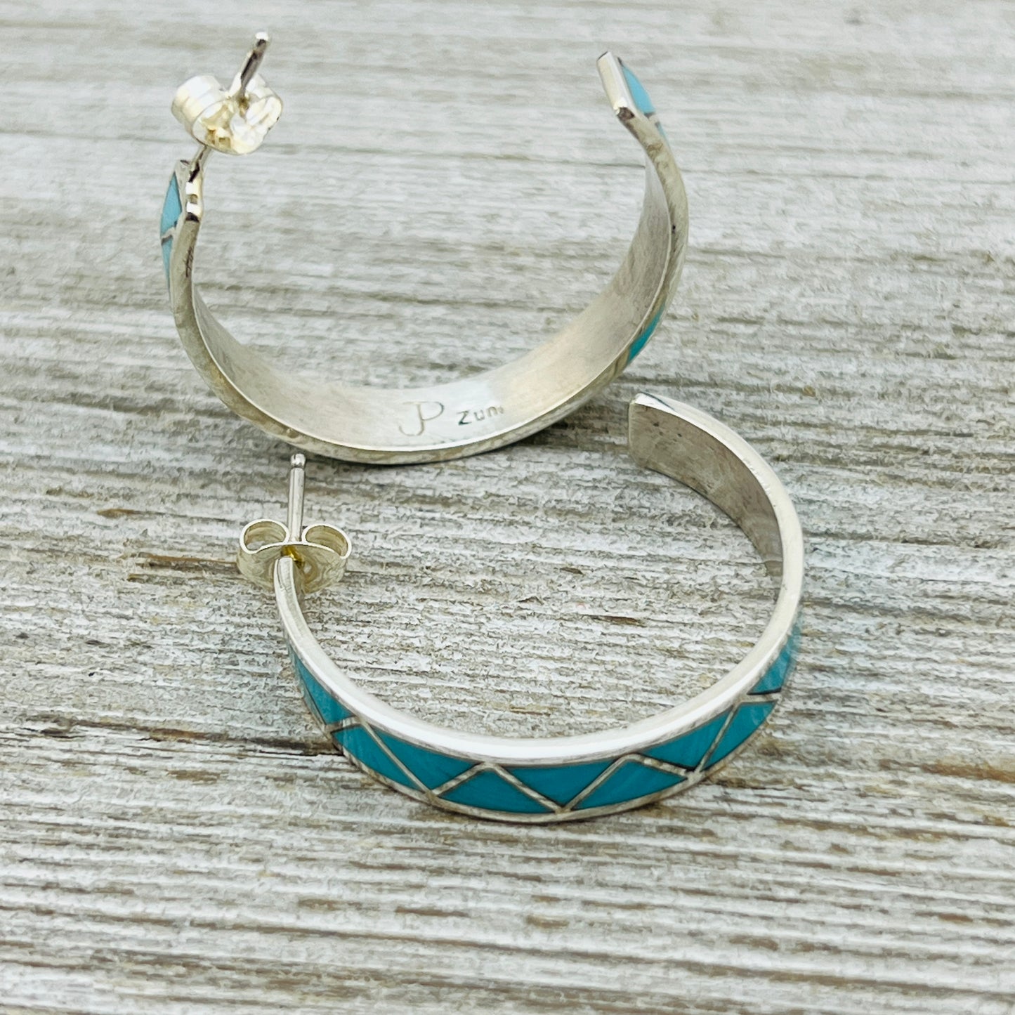 Turquoise inlay hoop earrings Joann Peina Zuni Sterling silver ER46