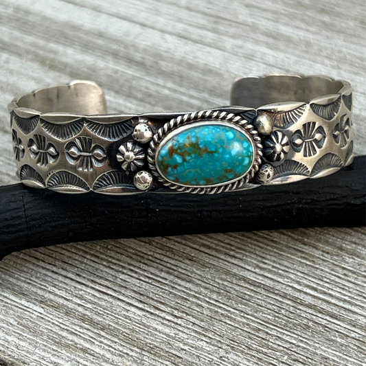 7" Kingman waterweb turquoise Cuff Bracelet, Sterling Silver Navajo Kevin Billah
