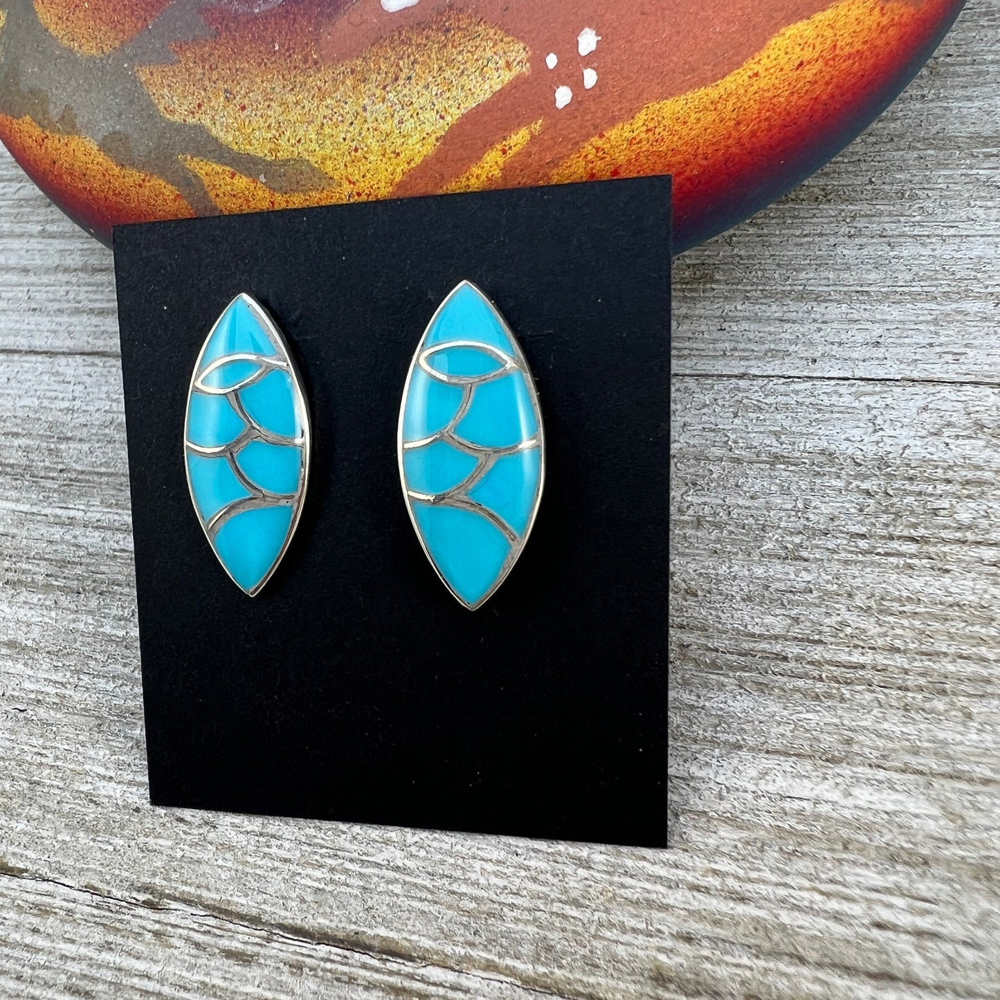 Zuni inlay turquoise fish scale design, marquis stud earrings, sterling silver, Orena Leekya