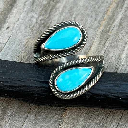 Size 7.75 Light Blue Turquoise Wrap Sterling Silver Ring handmade Kenny Lonjose 654