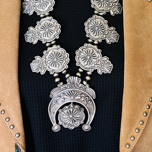 Large all silver Terry Charlie Squash Blossom Necklace Stamped repousse Navajo handmade NK1