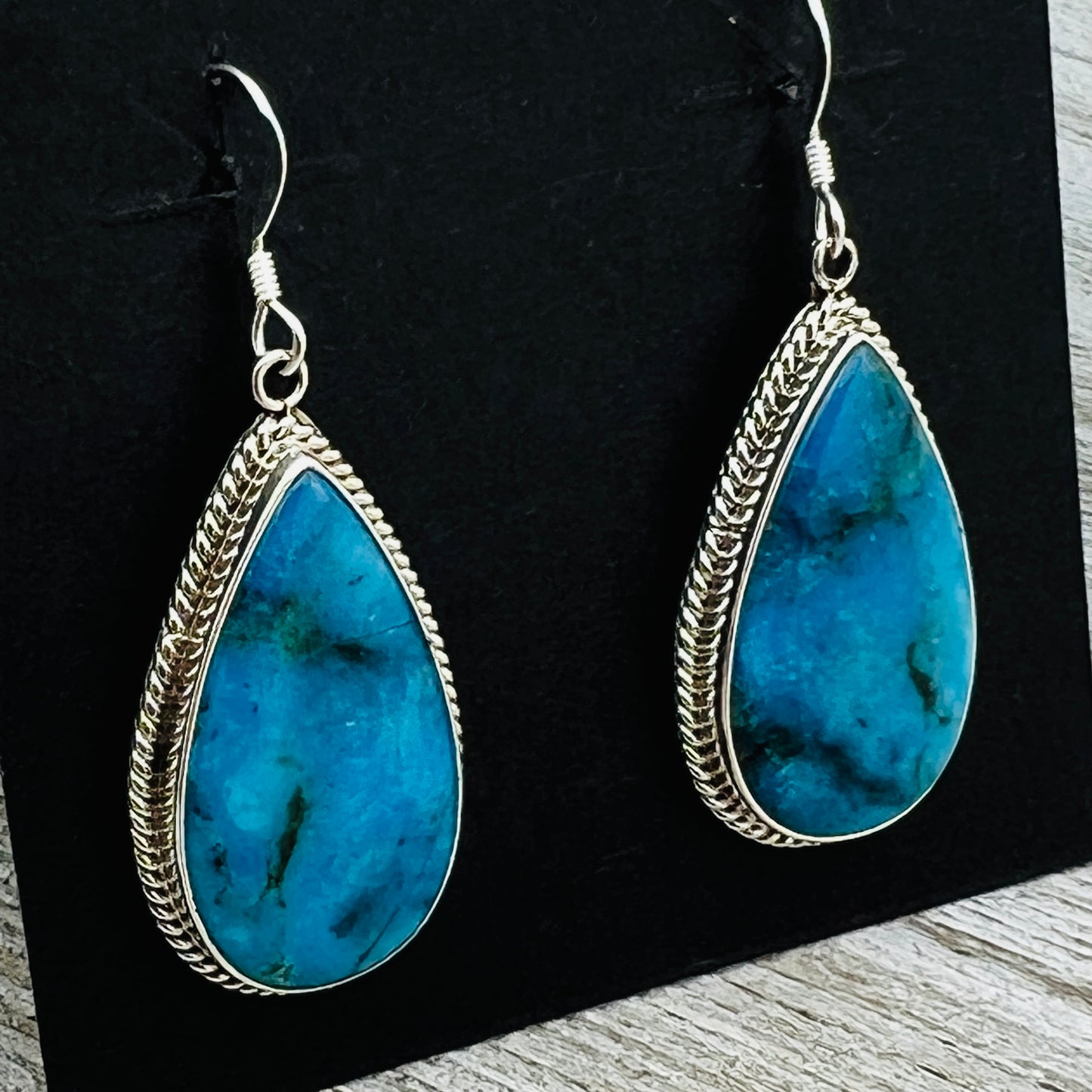 Blue turquoise teardrop earrings sterling silver Sharon McCarthy Navajo ER57
