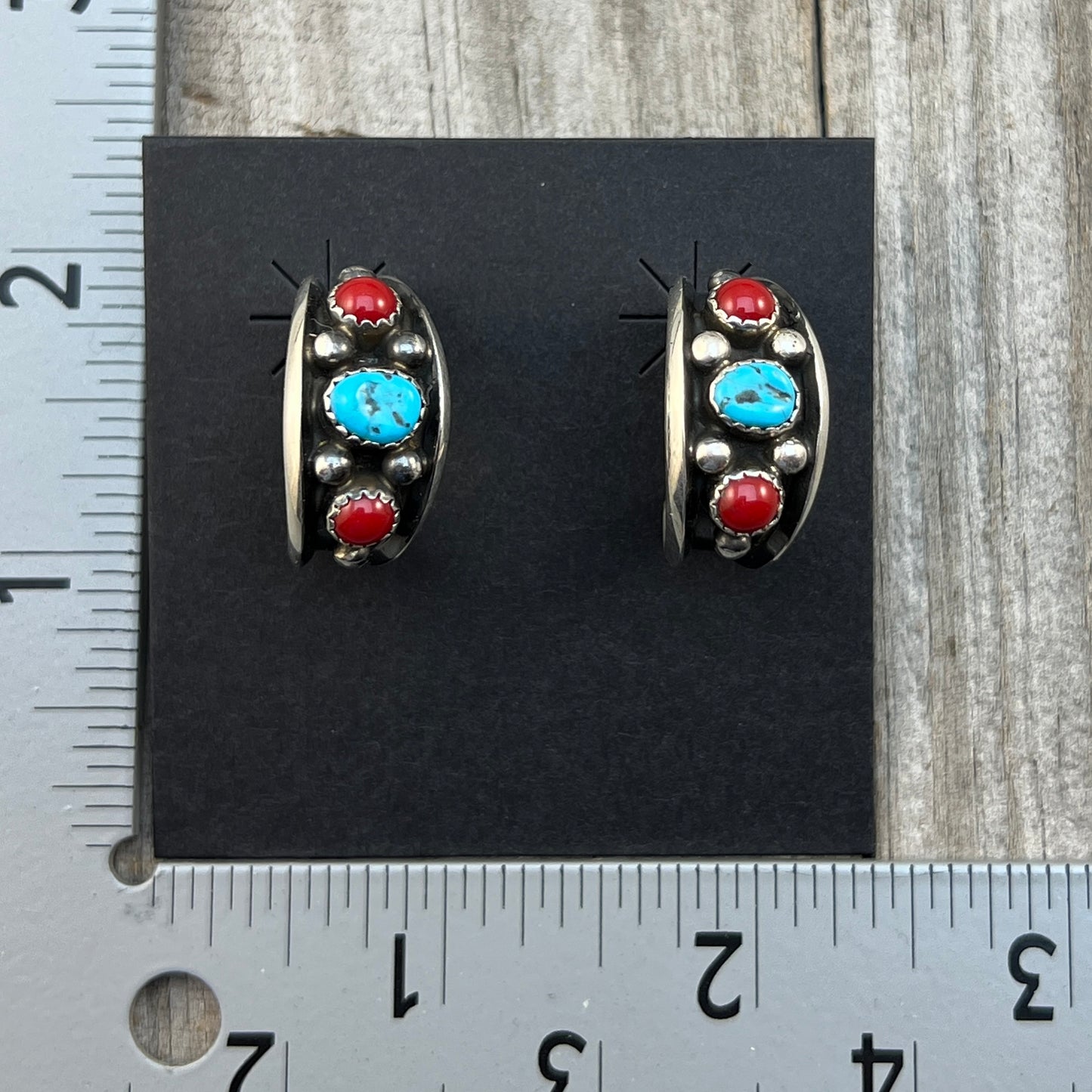 7/8" Turquoise Red Coral Hoop Earrings Navajo handmade by Paul Largo sterling silver 644