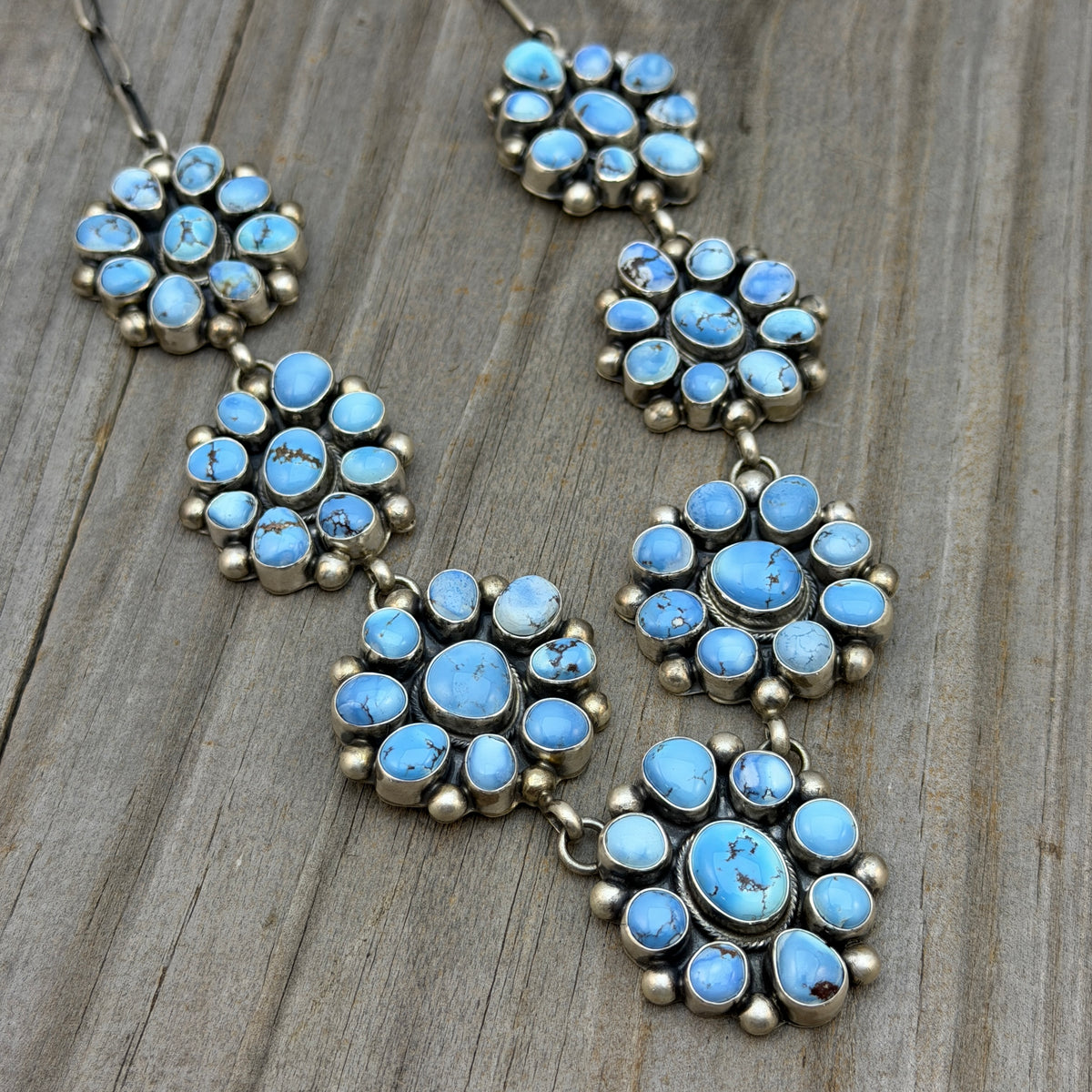 Golden Hills Cluster necklace earrings set Sterling silver Kathleen Livingston Navajo