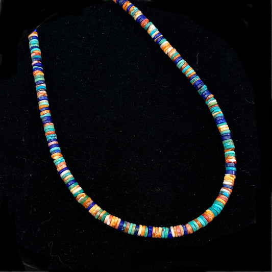 17", 4mm heishi bead necklace choker, blue turquoise lapis red orange spiny oyster shell