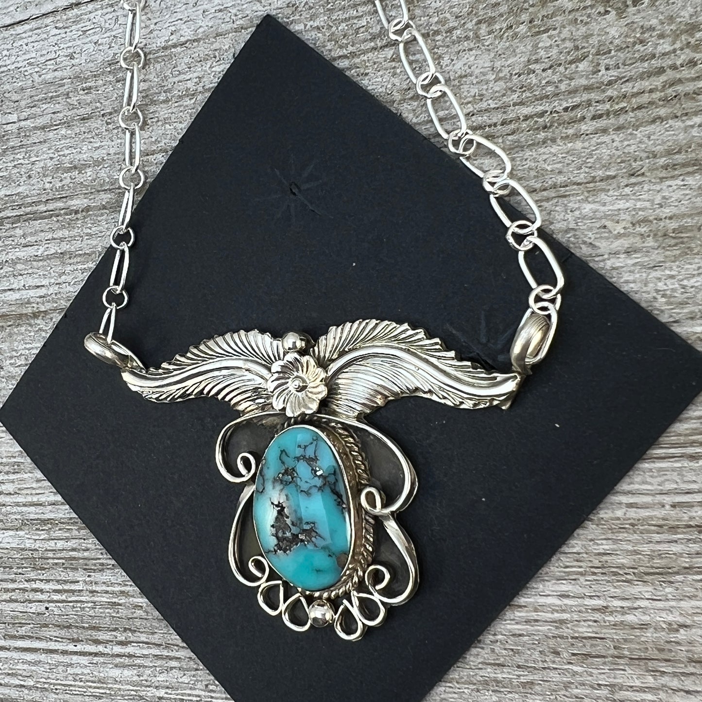 19" Floral leaf work necklace Kingman Turquoise, sterling silver, Navajo handmade by Sadie Jim