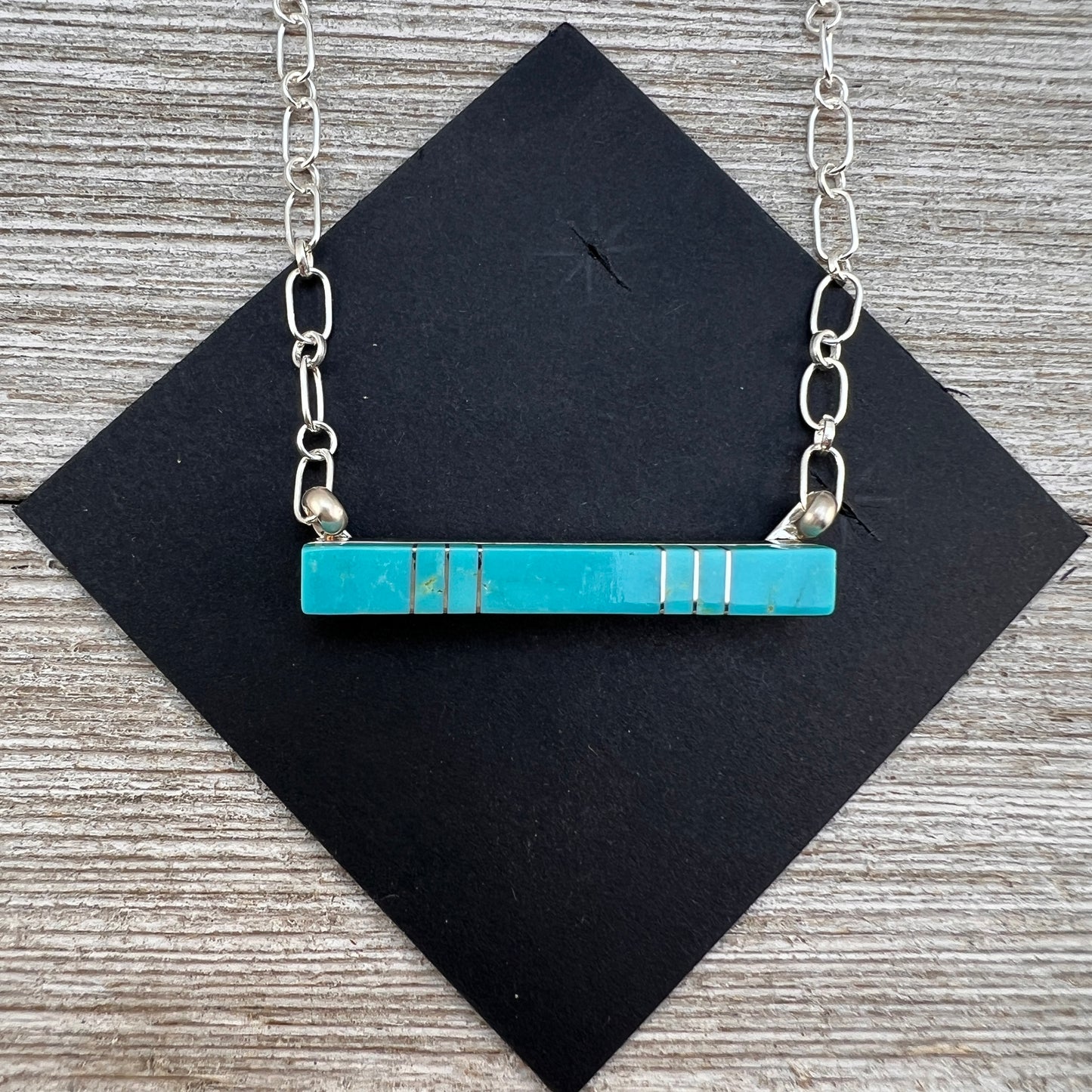 Blue Kingman Turquoise Bar Necklace 4, Zuni MaDerral Kallestewa sterling silver 18 1/2"