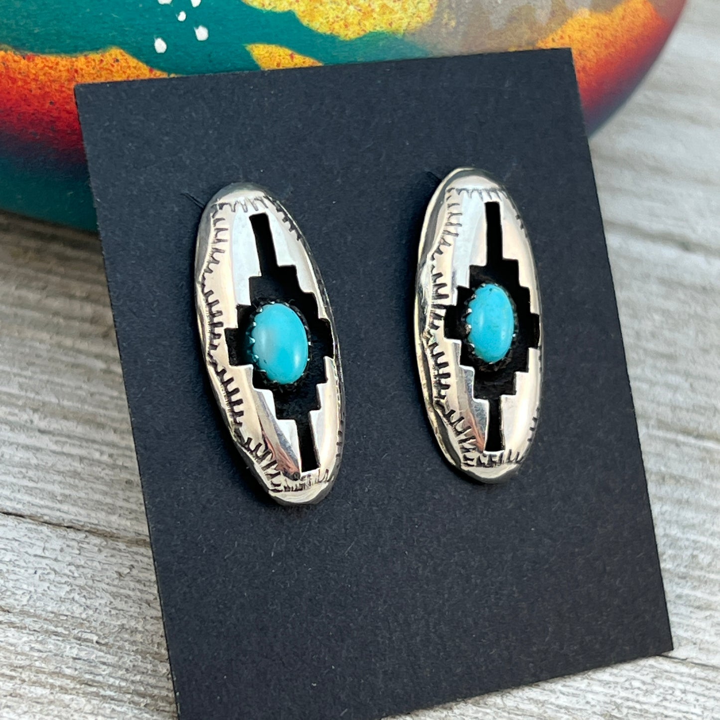 Small oval concho shadowbox post stud earrings, sterling silver turquoise Felix Perry