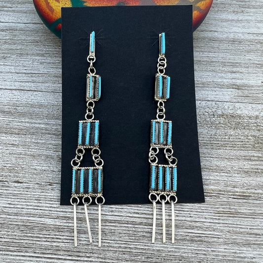 Zuni Needlepoint Turquoise Chandelier long Earrings, Sterling Silver, Ashley Laate