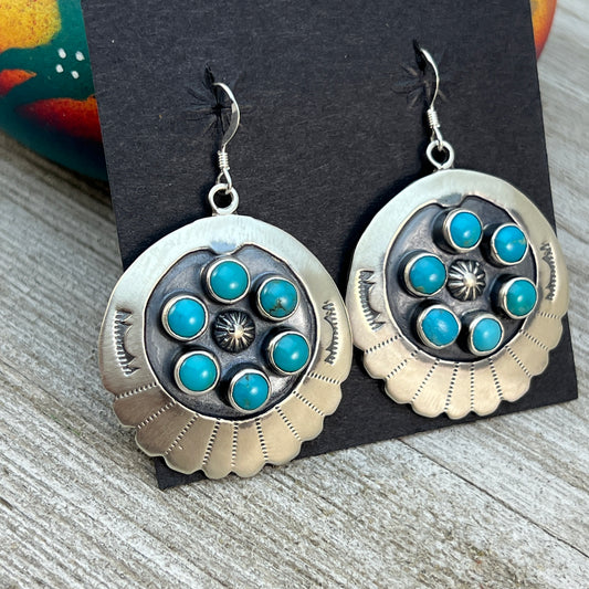 Dangle Concho cluster earrings #2 sterling silver turquoise Kenny Lonjose signed