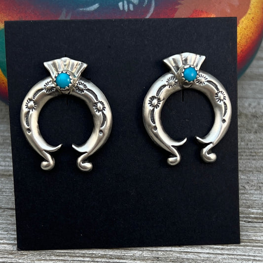 Blue Turquoise Naja stud Earrings Navajo handmade Adrienne Gordan Sterling Silver 2