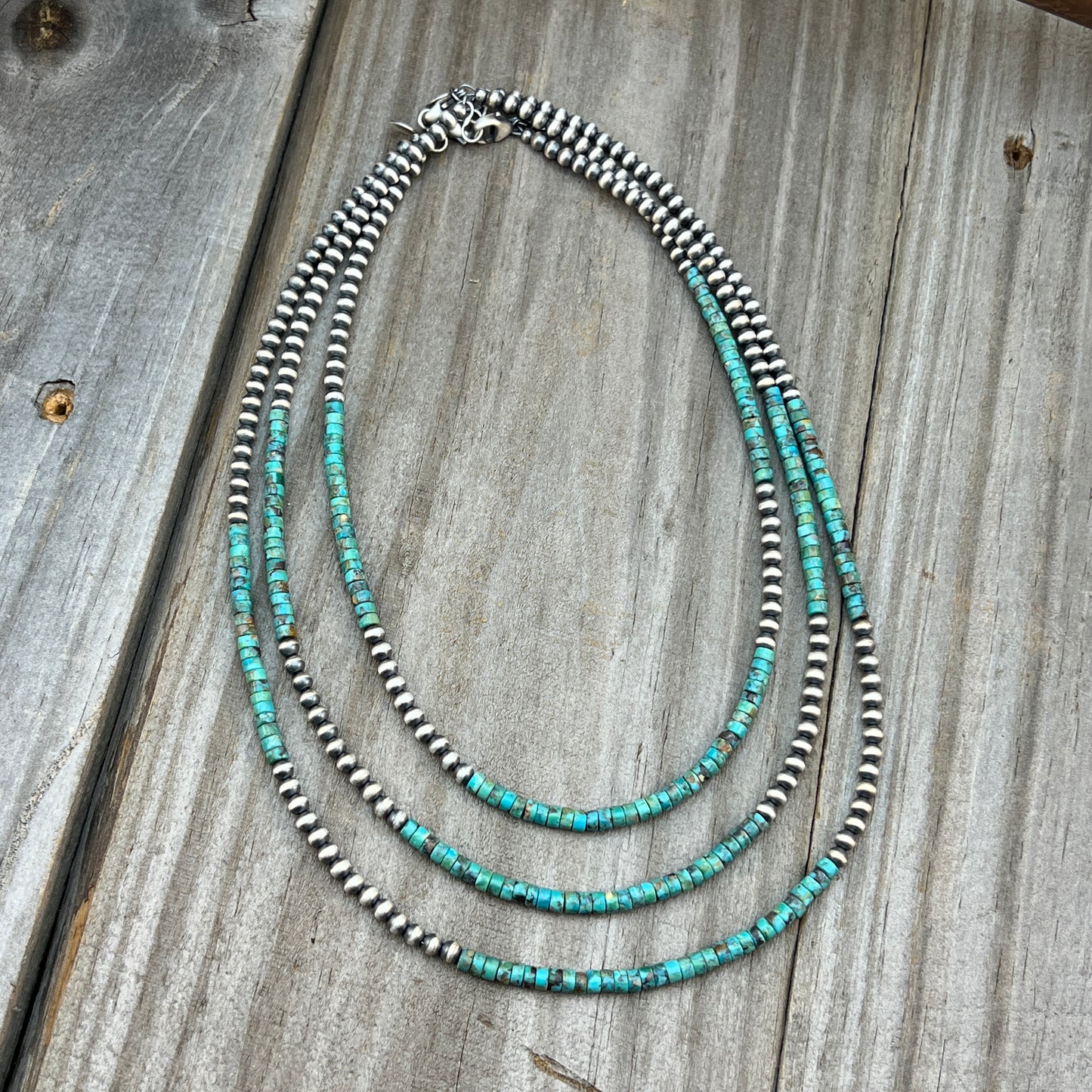 Real 925 sterling silver, 4mm Genuine Turquoise Heishi Necklace Oxidized Rustic Western Pearl Jewelry