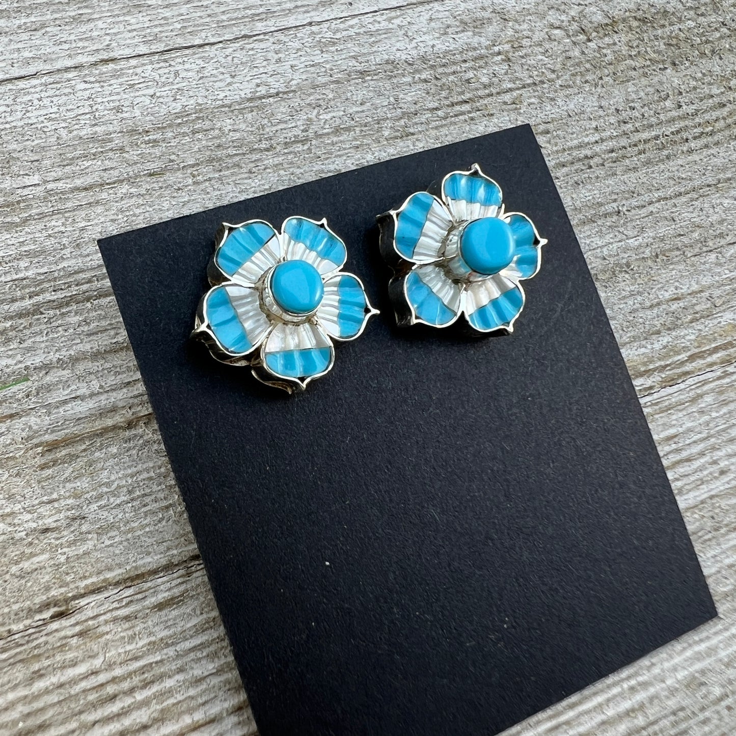 Small Zuni Carved Flower inlay Earrings, turquoise mother of pearl, Zuni handmade Marsha Quam
