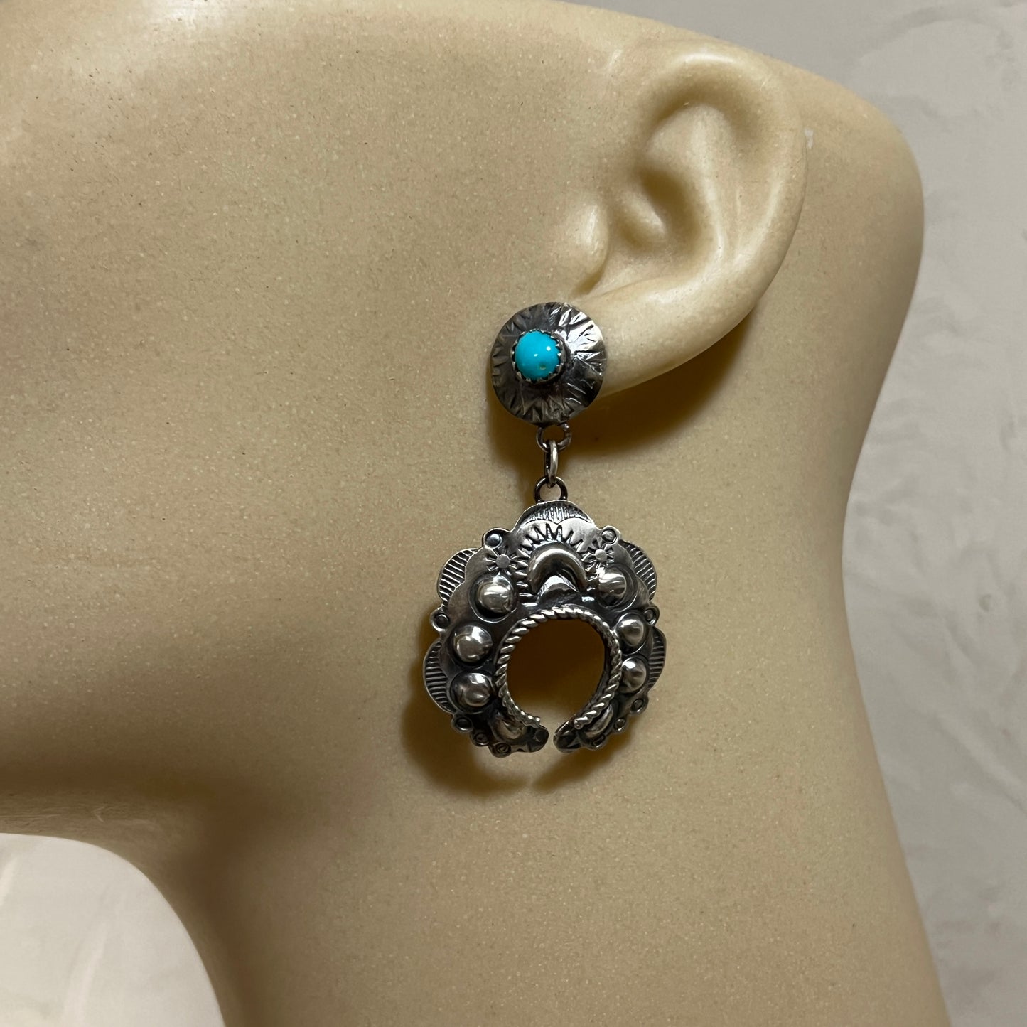 Sterling silver Turquoise Hand stamped naja concho earrings, Navajo Gabrielle Yazzie 4