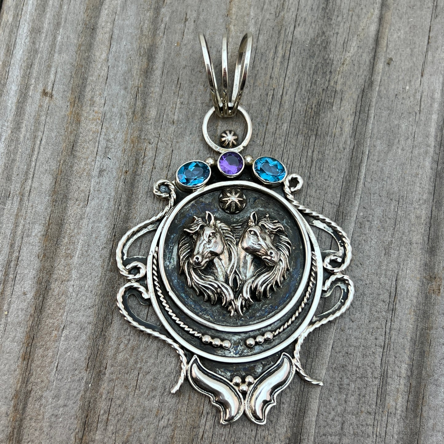 Large horse pendant sterling silver Blue Topaz Amethyst Irvin Tsosie Navajo 824