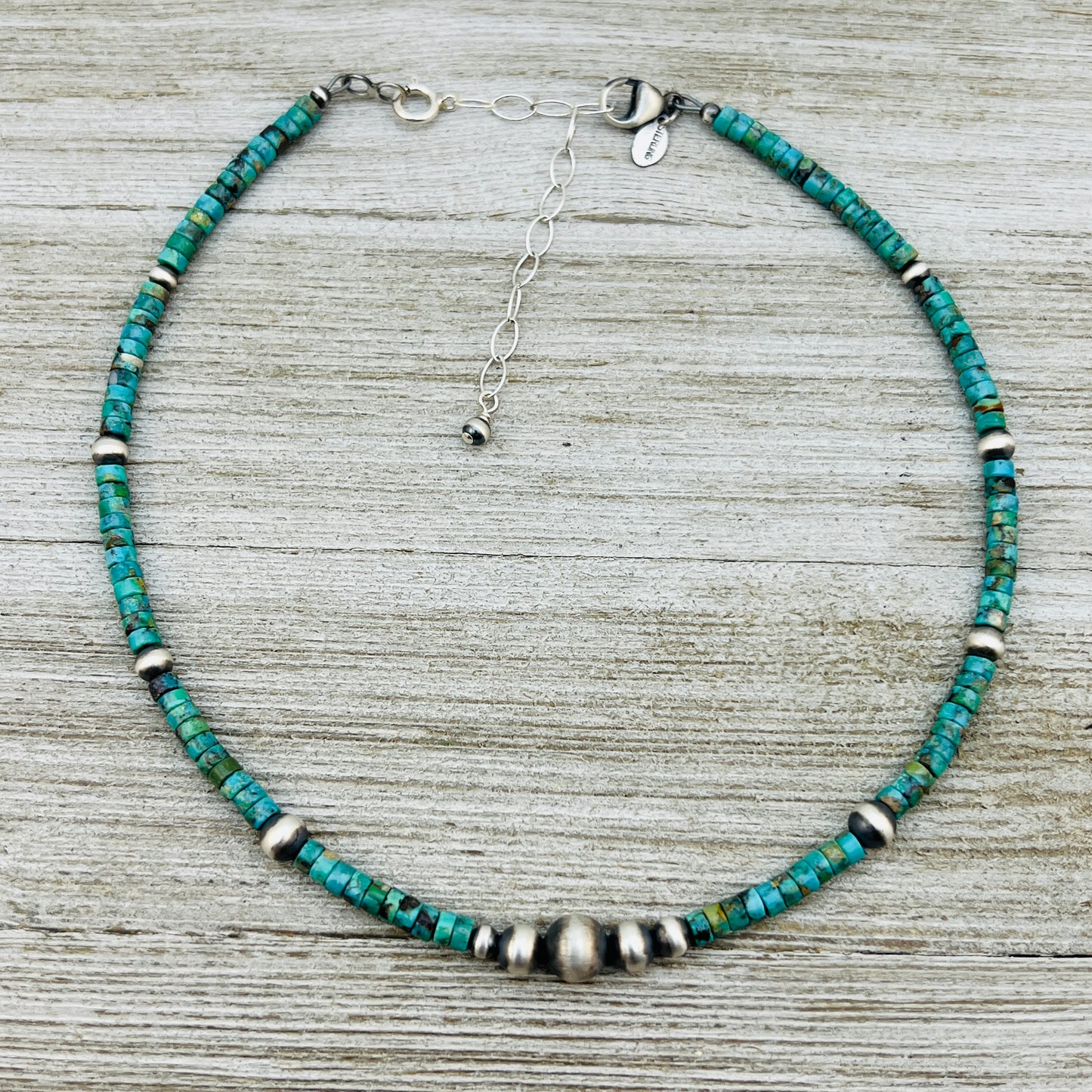 13" 14" 15" 16" 17" adjustable choker, Real Sterling Silver, oxidized, Turquoise Bead Necklace, Western Boho Pearl