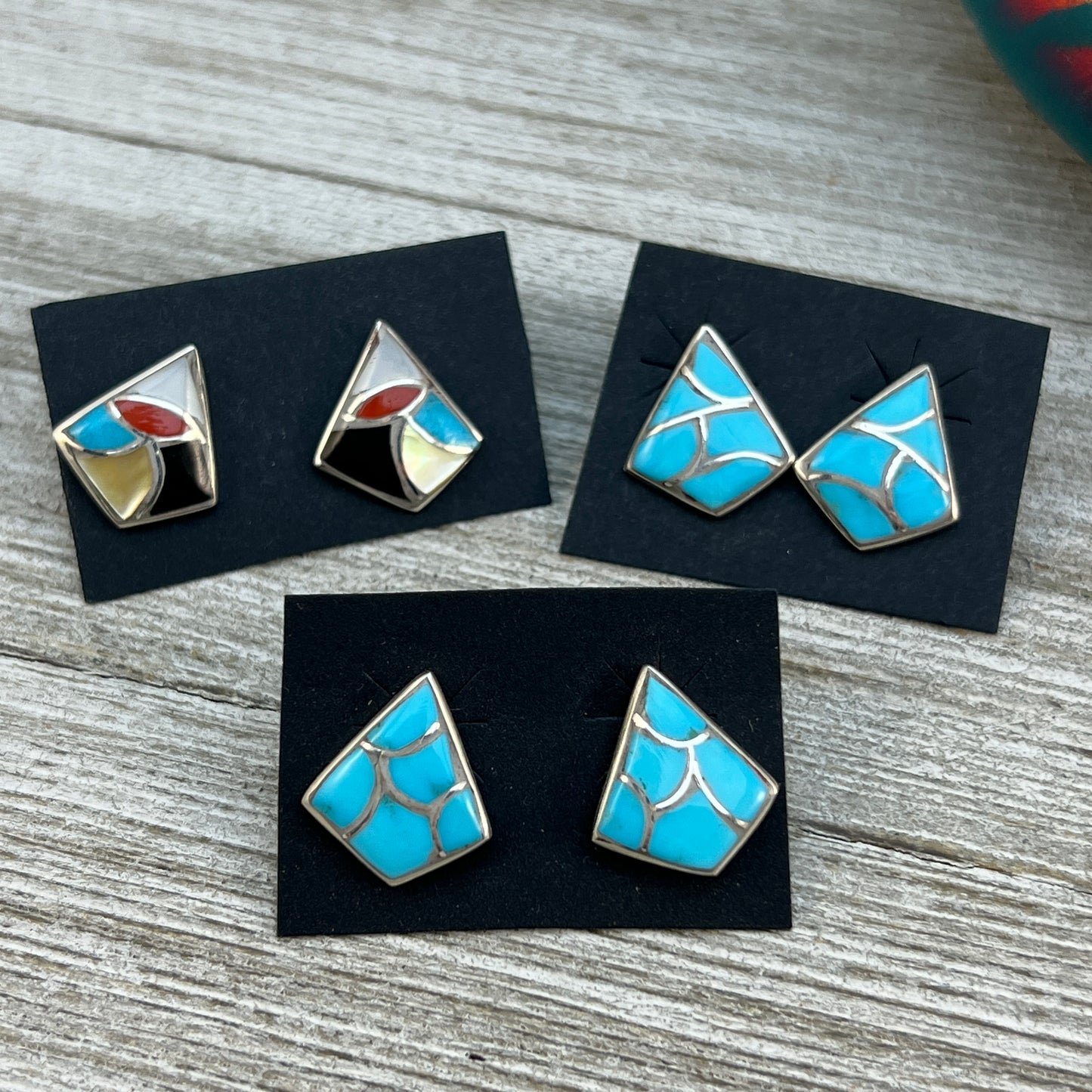 Small Zuni Fish scale inlay turquoise stud post earrings, Orena Leekya