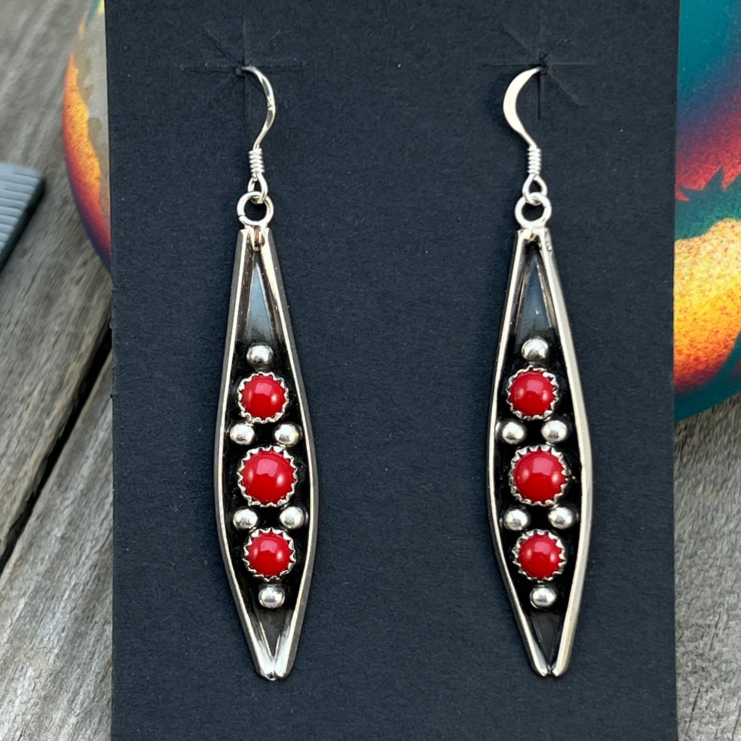 Long slender Red Coral Earrings Navajo handmade by Paul Largo sterling silver 662