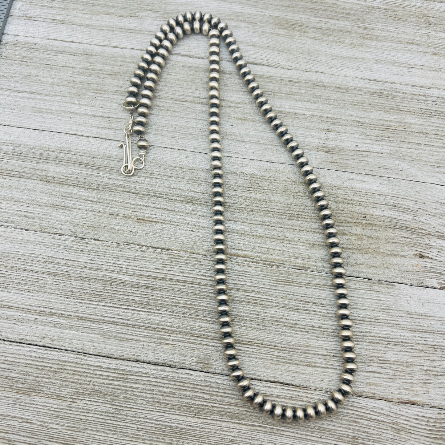 24" Sterling silver Navajo handmade 6mm oval bead Pearl necklace Bryannen Halwood 699
