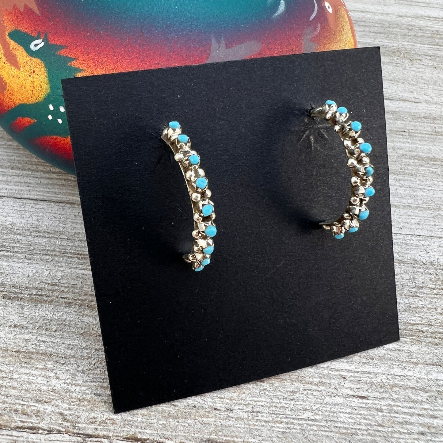 Zuni Snake Eye dot Turquoise skinny hoop Earrings, Simpson Tsipa