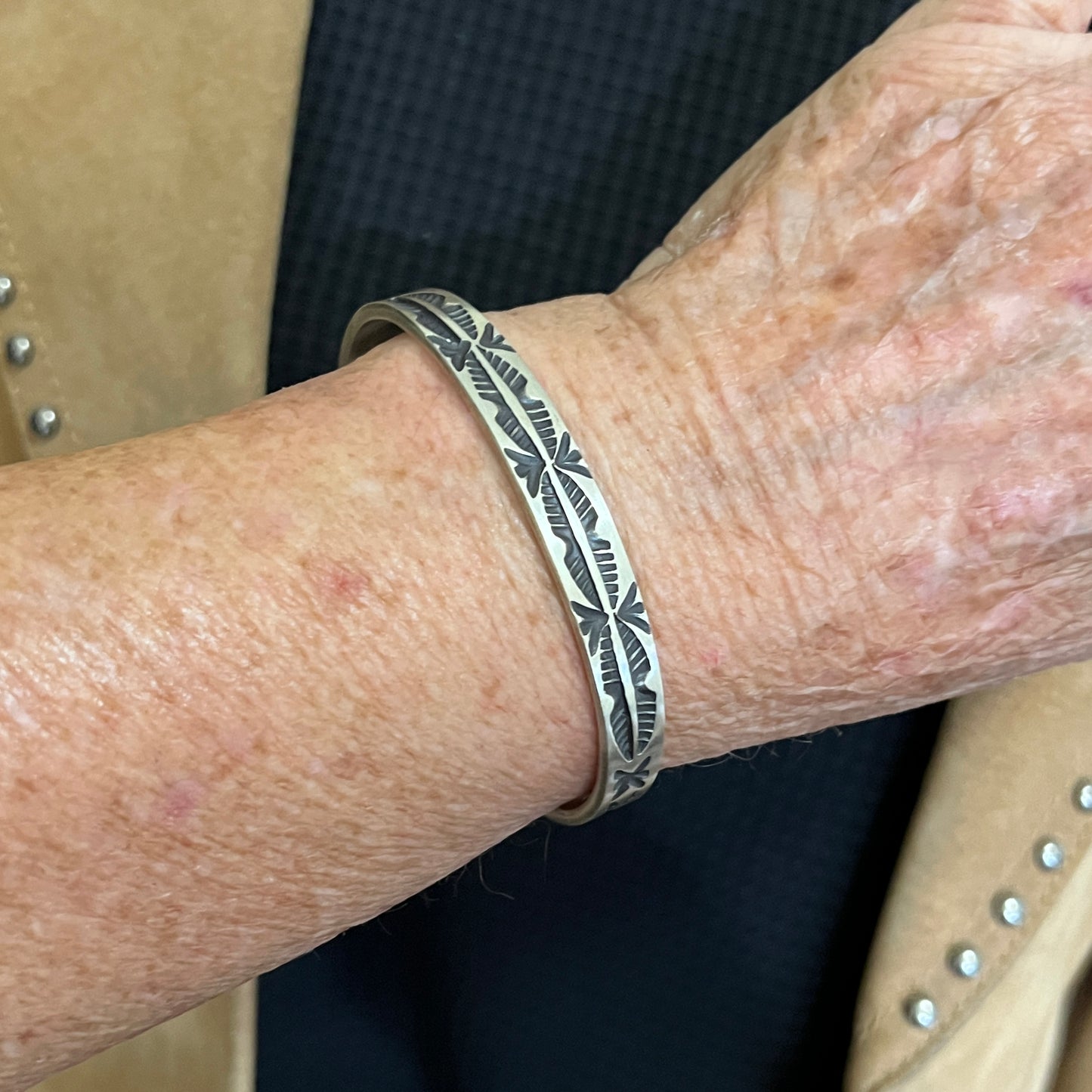 7.25" Sterling silver narrow deep stamped Cuff Bracelet Navajo Jerrold Tahe men's boho