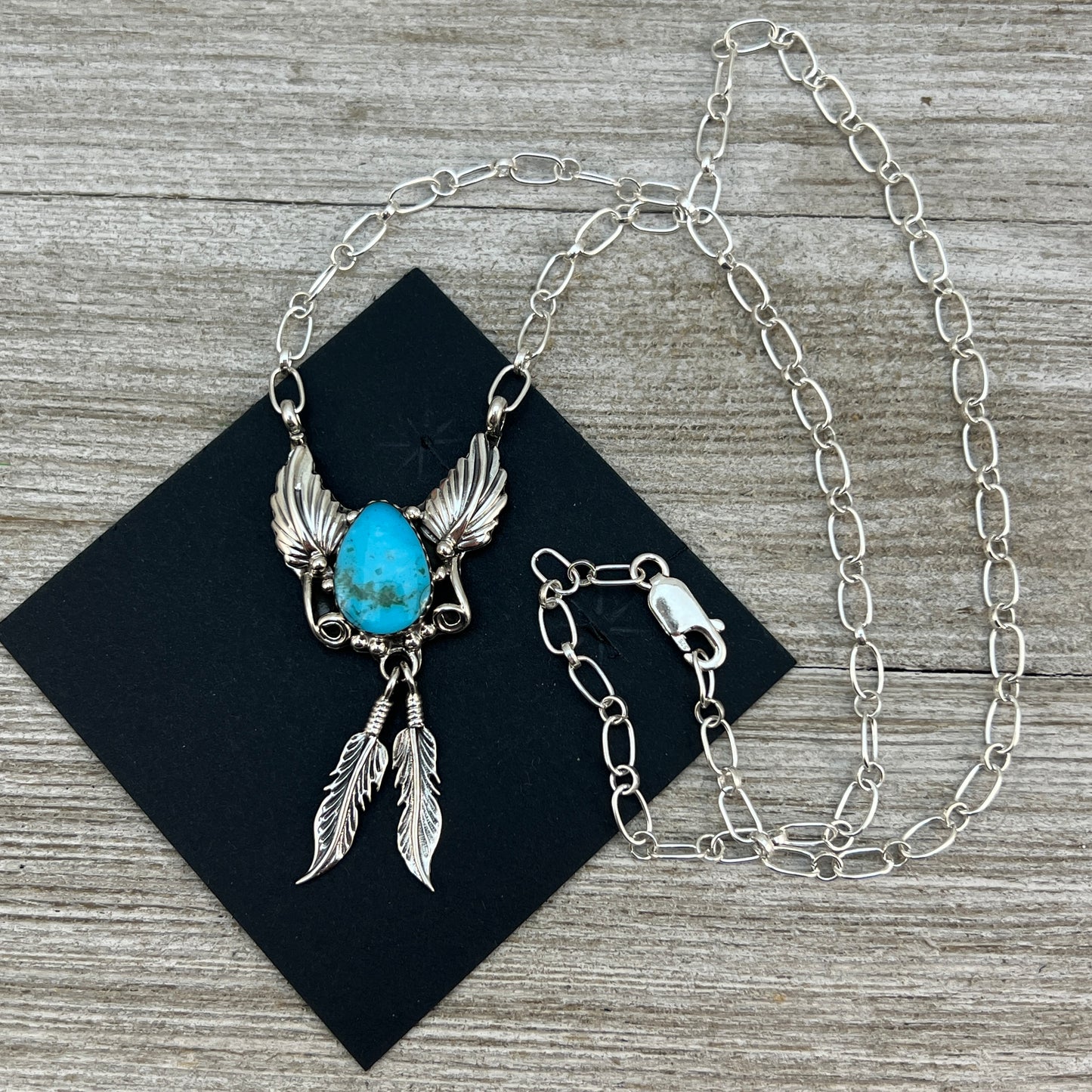 18" Blue Kingman turquoise feather necklace #1, sterling silver, Navajo handmade by Sadie Jim