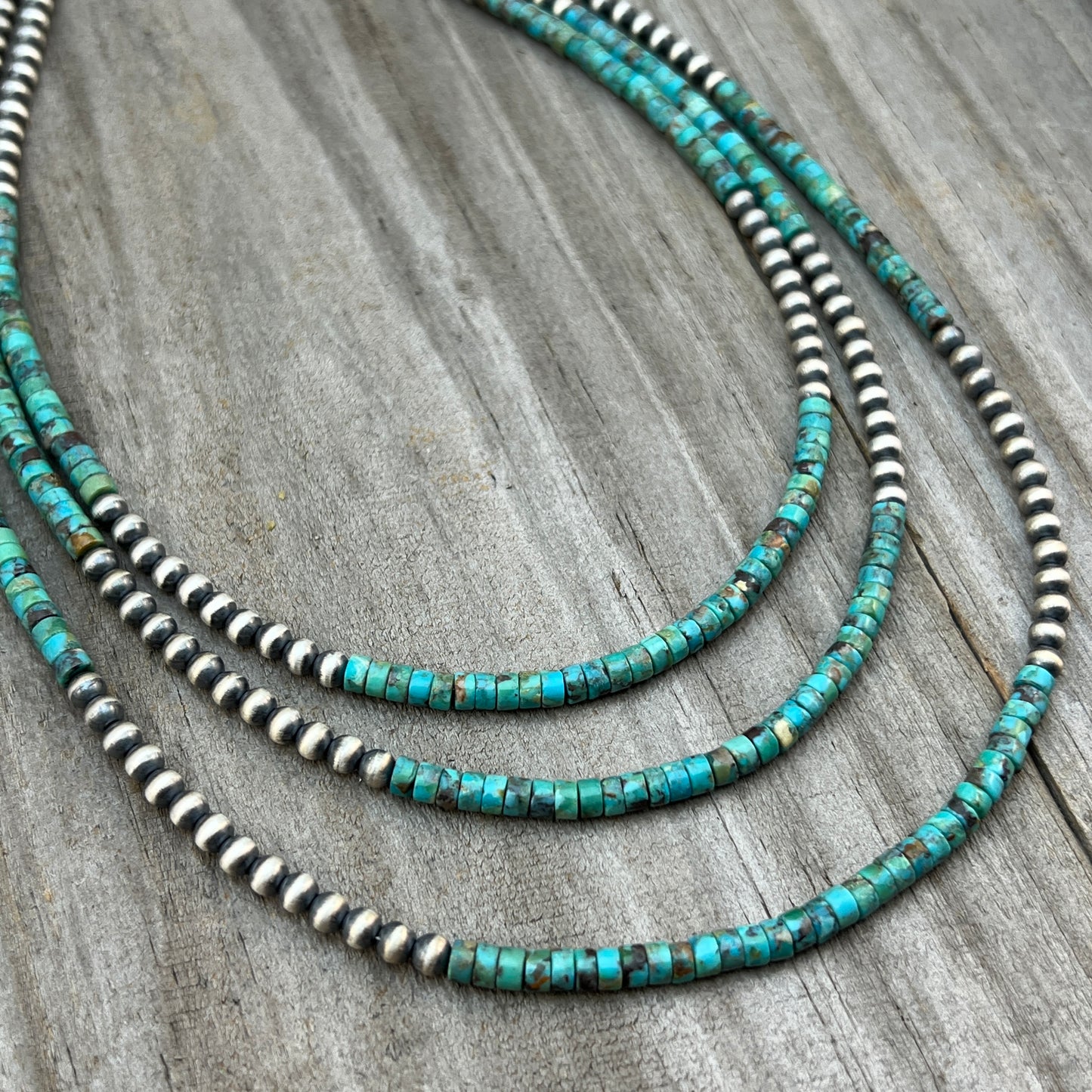 Real 925 sterling silver, 4mm Genuine Turquoise Heishi Necklace Oxidized Rustic Western Pearl Jewelry