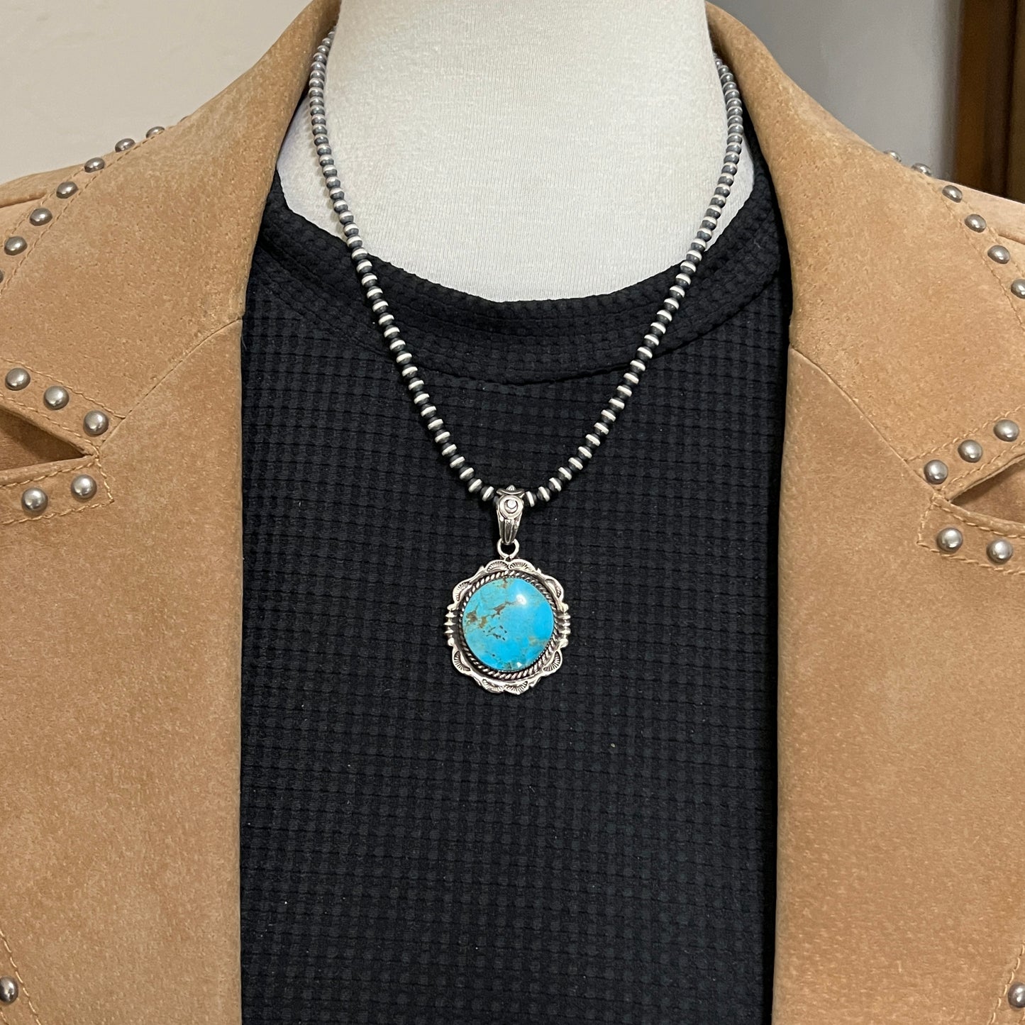 Kingman Turquoise Pendant Sterling silver Navajo handmade Jeremy Delgarito 551