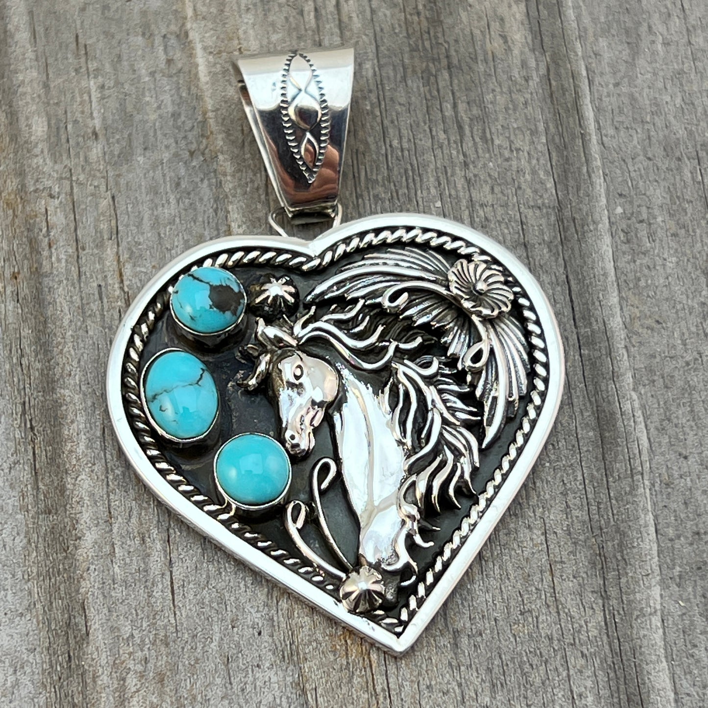Blue Kingman turquoise horse heart pendant sterling silver Jennifer Cayaditto Navajo 816
