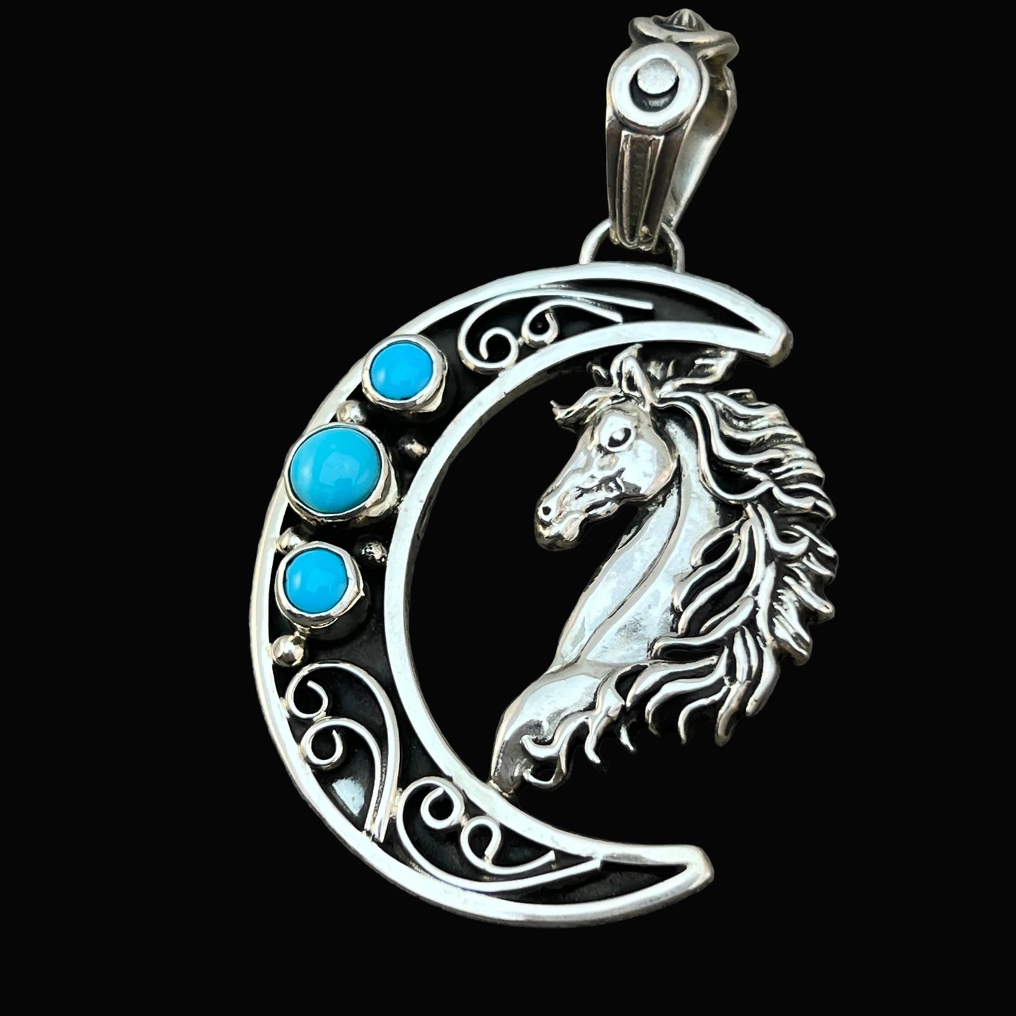 Blue turquoise horse moon pendant sterling silver Jennifer Cayaditto Navajo 818