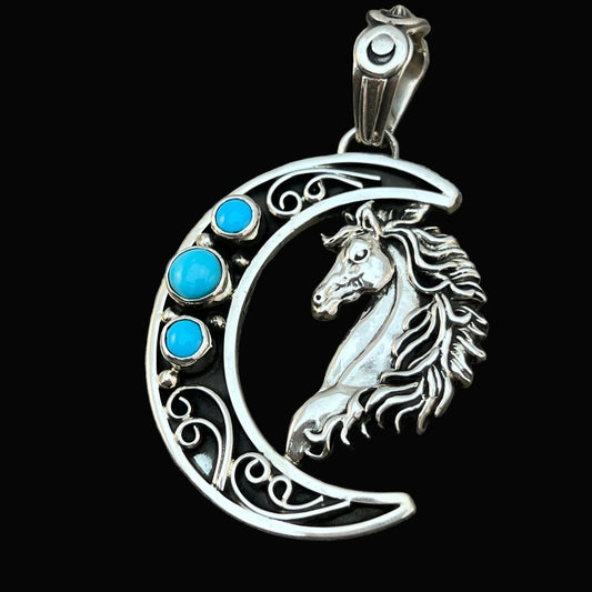 Blue turquoise horse moon pendant sterling silver Jennifer Cayaditto Navajo 818