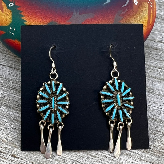 Zuni Turquoise Needlepoint cluster dangle earrings, George Pelina sterling silver