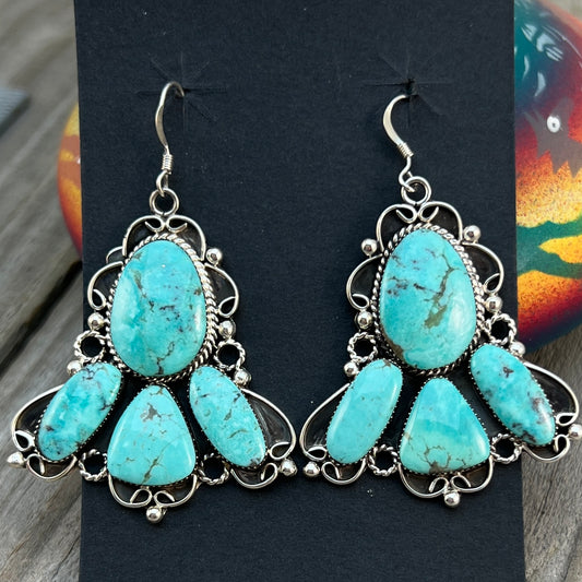 Large Turquoise cluster earrings sterling silver Charlene Yazzie Navajo handmade 698