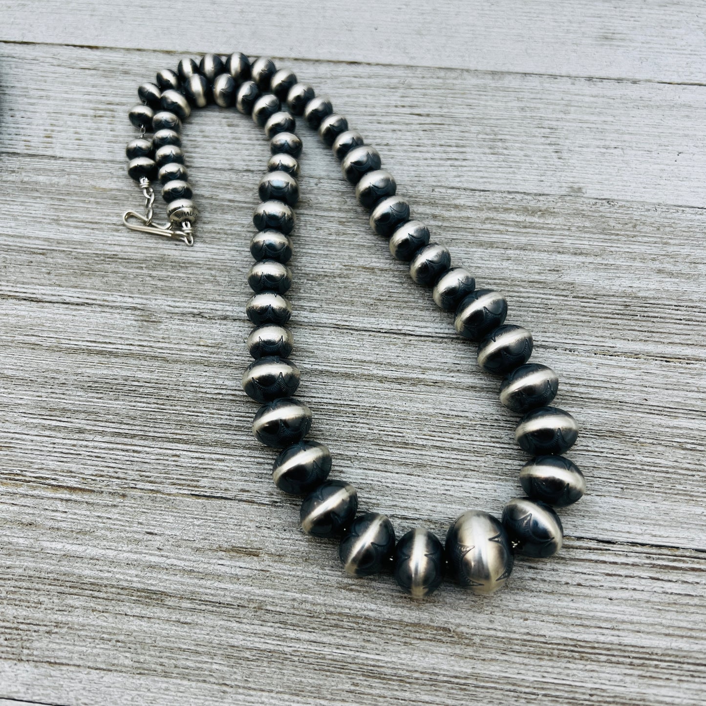 20" Sterling silver Handmade Navajo Pearl Graduated stamped bead necklace Bryannen Halwood signed