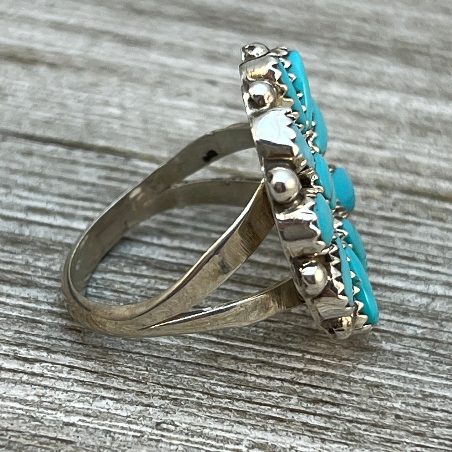 Size 8.25 Blue Turquoise Round Cluster Ring Navajo handmade Sterling Silver Alicia Wilson