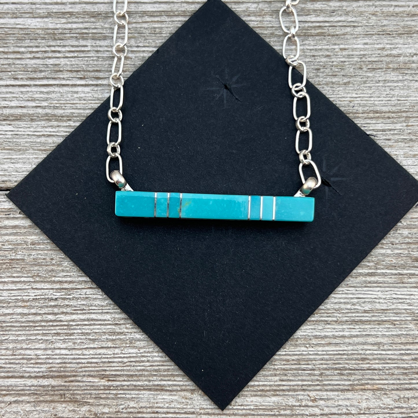 Blue Kingman Turquoise Bar Necklace 7, Zuni MaDerral Kallestewa sterling silver 18 1/2"