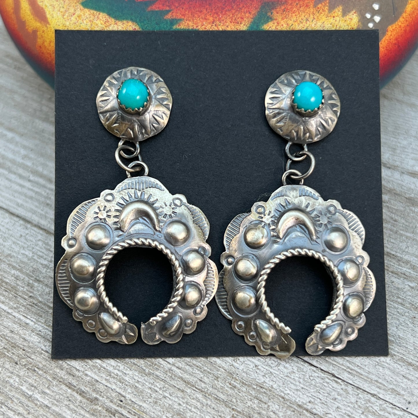 Sterling silver Turquoise Hand stamped naja concho earrings, Navajo Gabrielle Yazzie 4