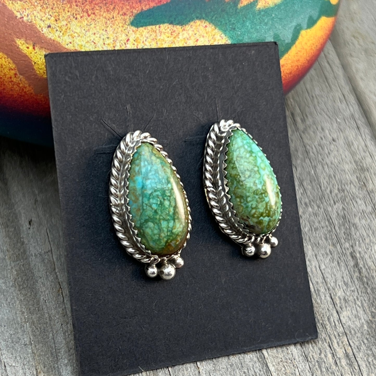 Green Kingman Turquoise Teardrop stud earrings sterling silver Theresa Smith Navajo 720