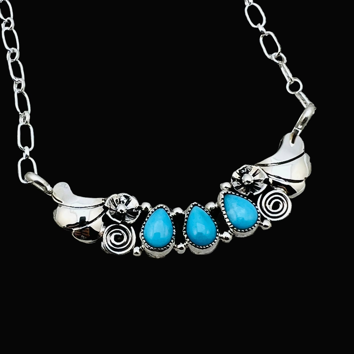 19" adjustable Blue Campitos 3 stone floral bar necklace Sterling Silver NK27