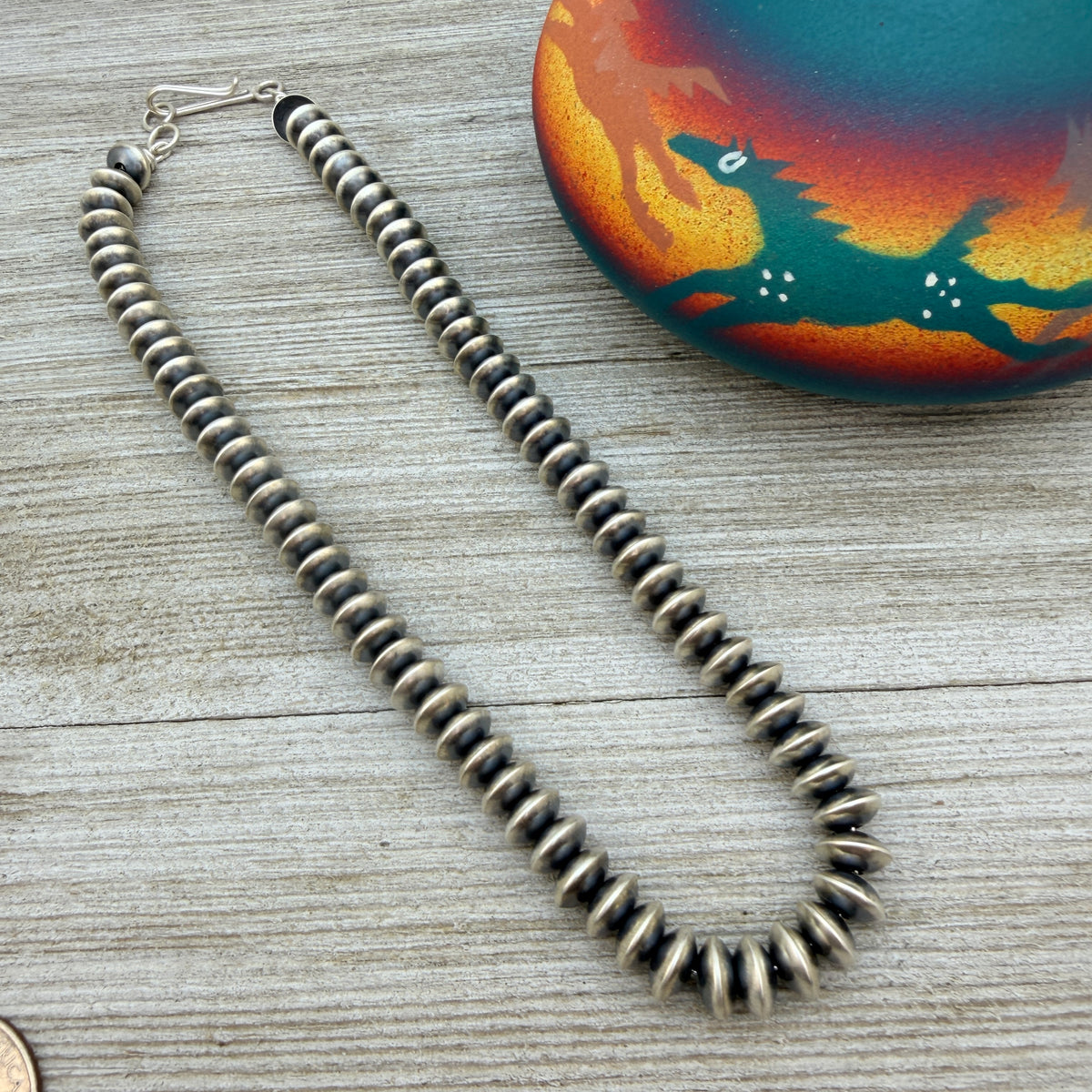14” Sterling silver Navajo handmade 8mm saucer bead Pearl necklace Bryannen Halwood