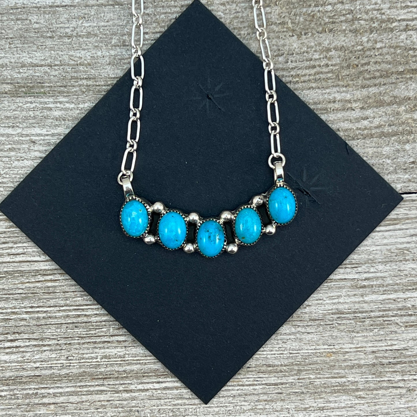 18" Blue Kingman Turquoise bar necklace #3, sterling silver by Navajo artist Kimberly Yazzie