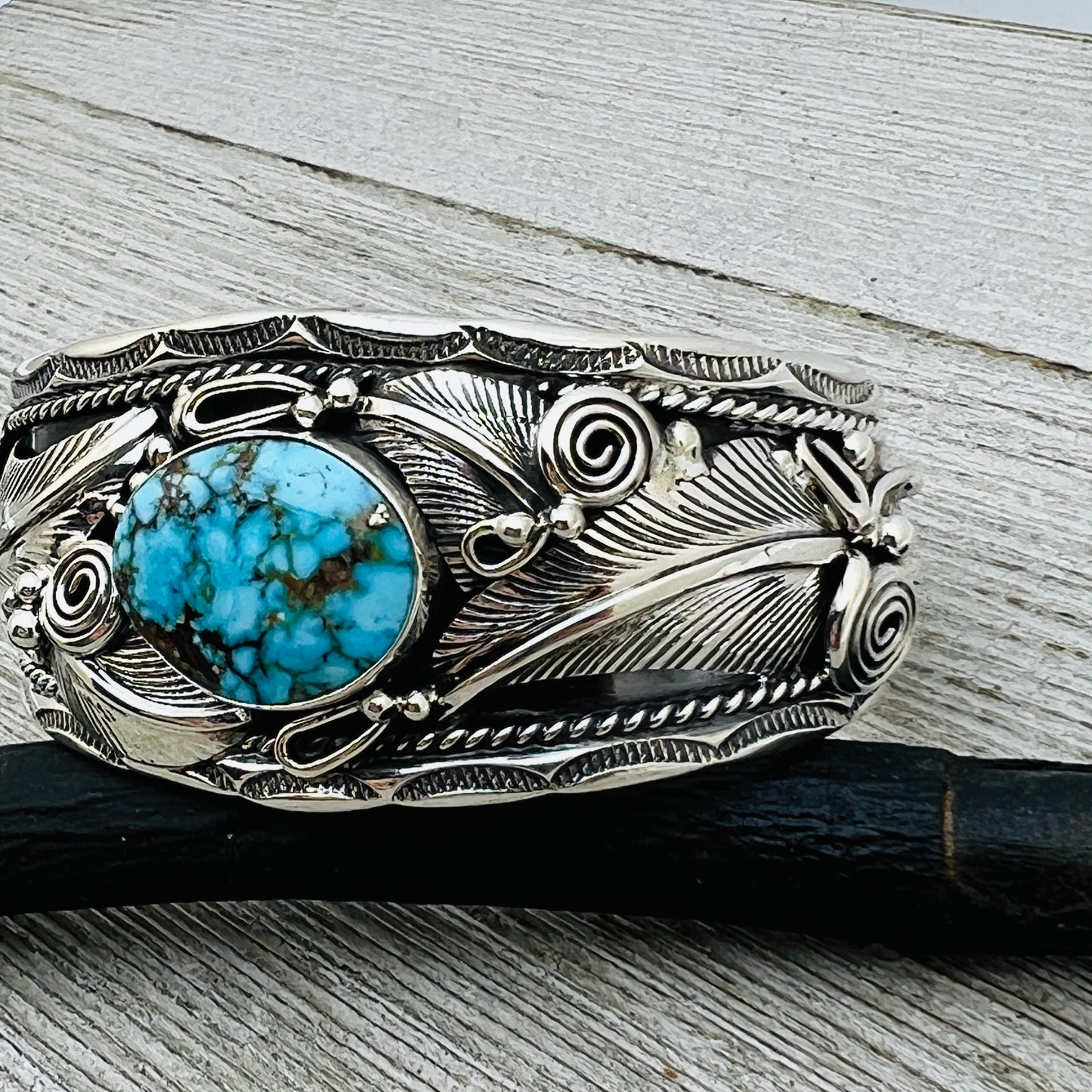 6 1/2" Kingman Turquoise floral cuff bracelet sterling silver Darrell Morgan BR5